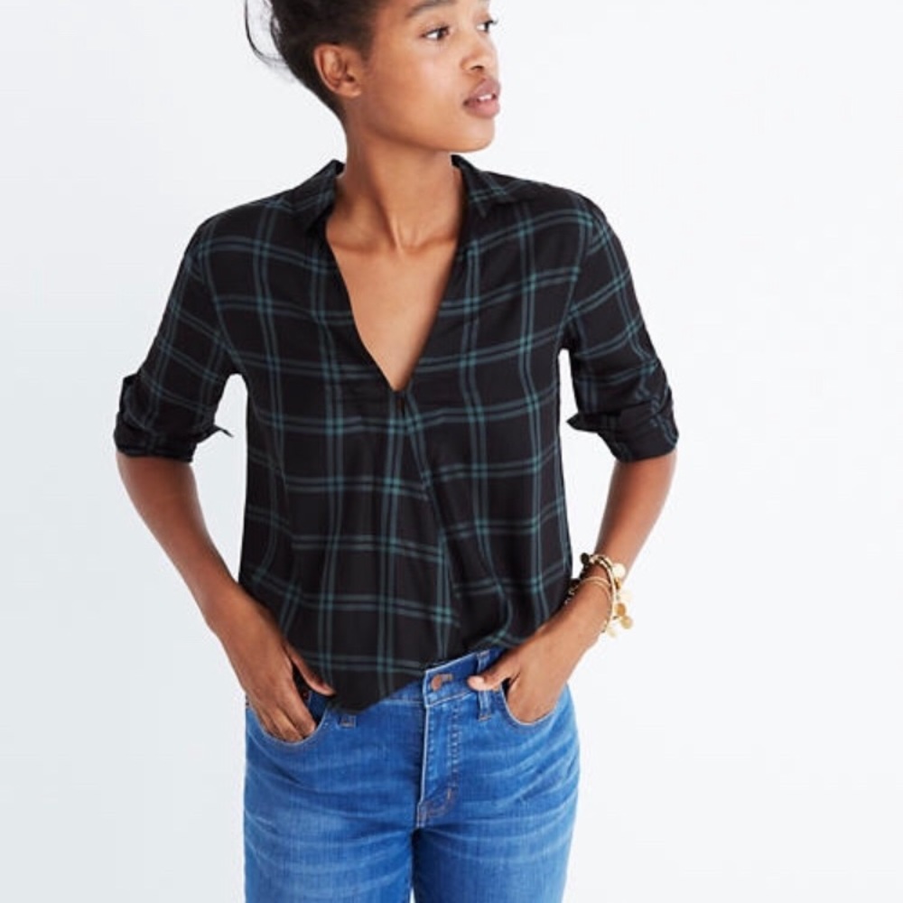 Madewell faux wrap shirt in Palma plaid vine